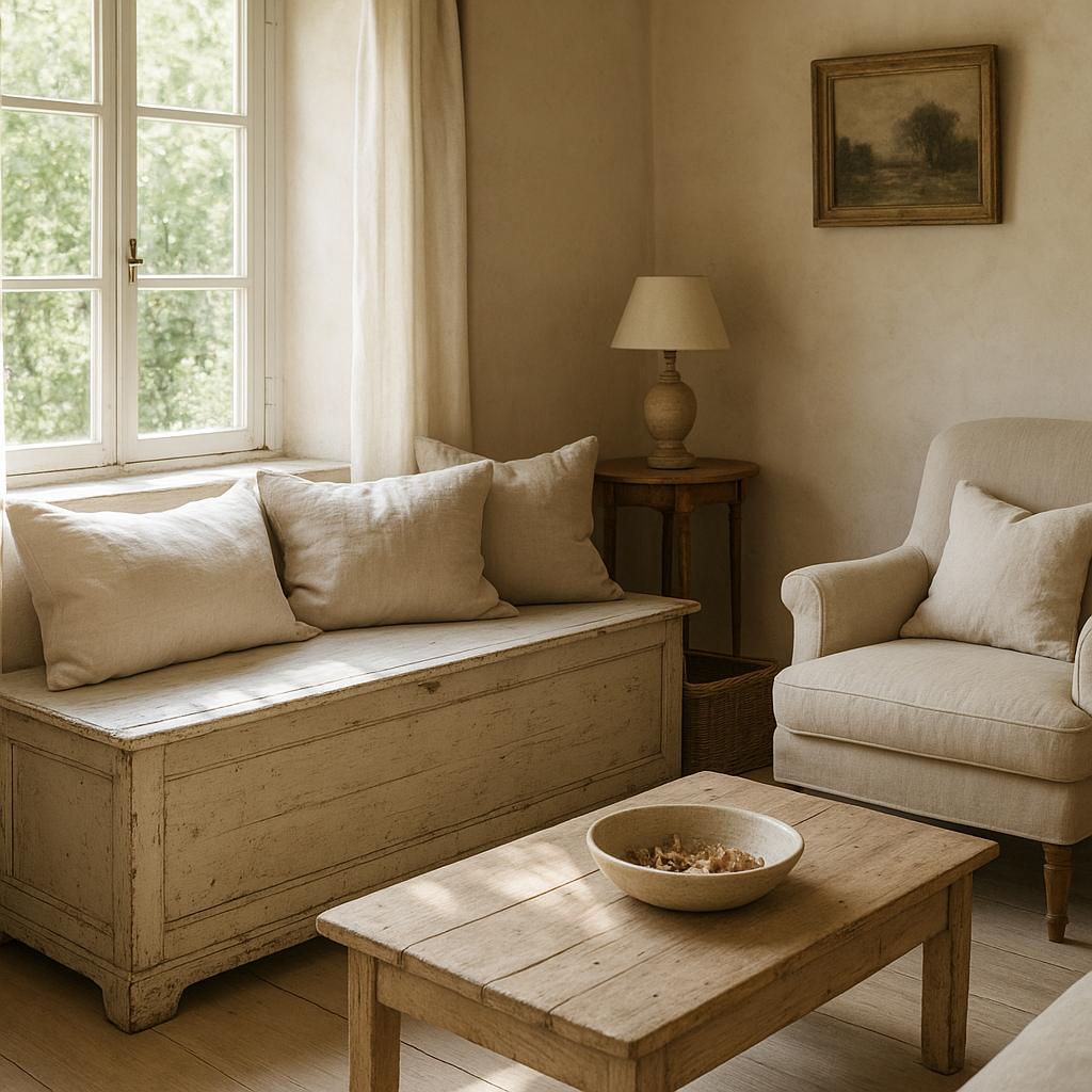 Rangements dans une maison de campagne : solutions pratiques et discrètes 2 Banc coffre discret dans un salon de maison de campagne