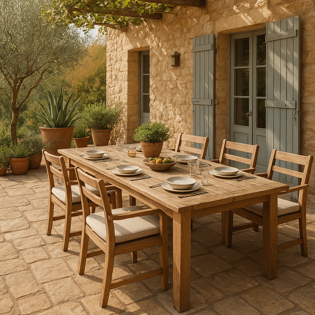 Coin repas convivial sur une terrasse de gîte
