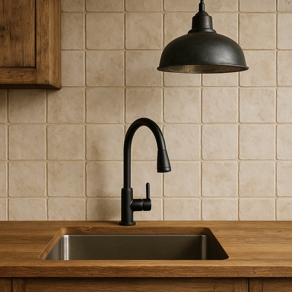Crédence et luminaires dans une cuisine rustique moderne