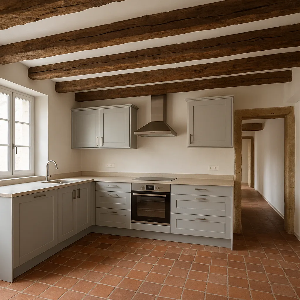 Cuisine aménagée dans une maison ancienne avec poutres apparentes et circulation optimisée