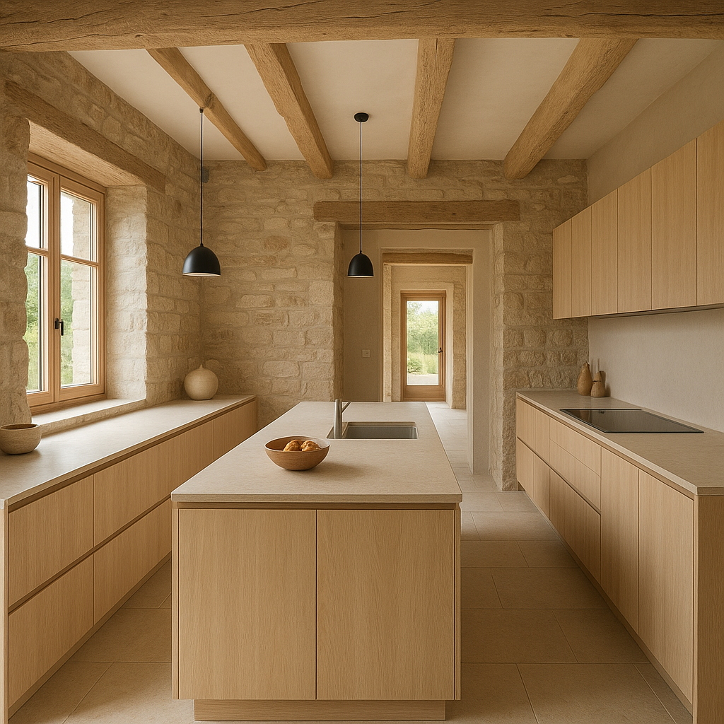 Cuisine contemporaine intégrée dans une longère authentique