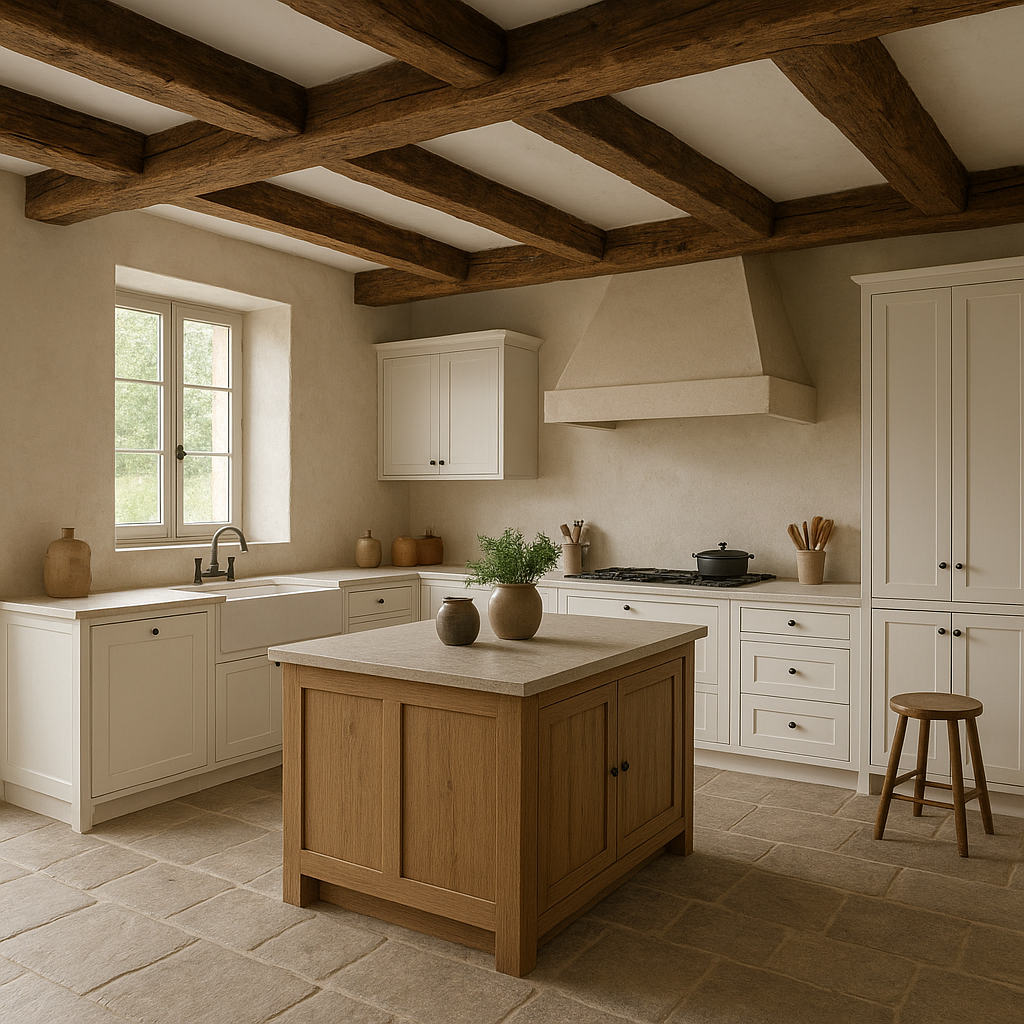 Cuisine rustique moderne avec bois ancien et façades contemporaines