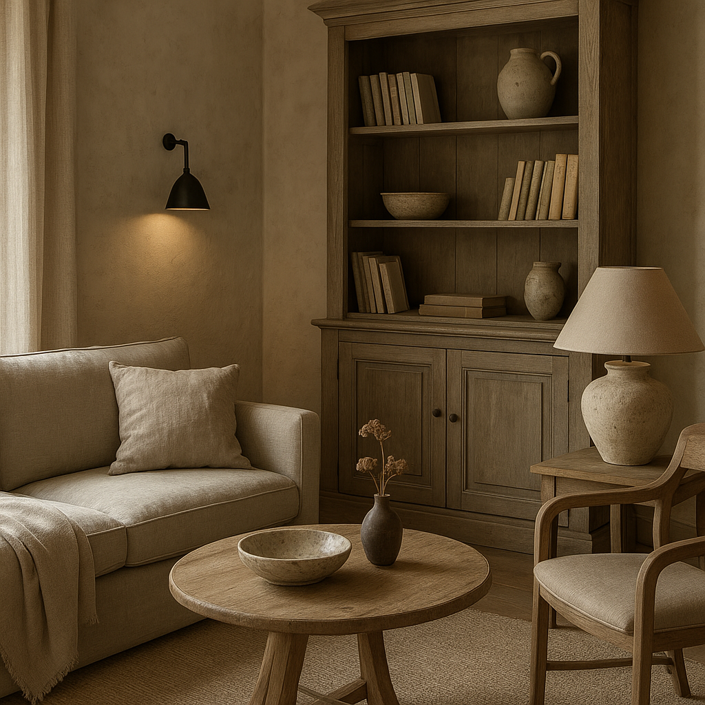 Détail déco d’un salon rustique chic avec matières naturelles et objets sobres
