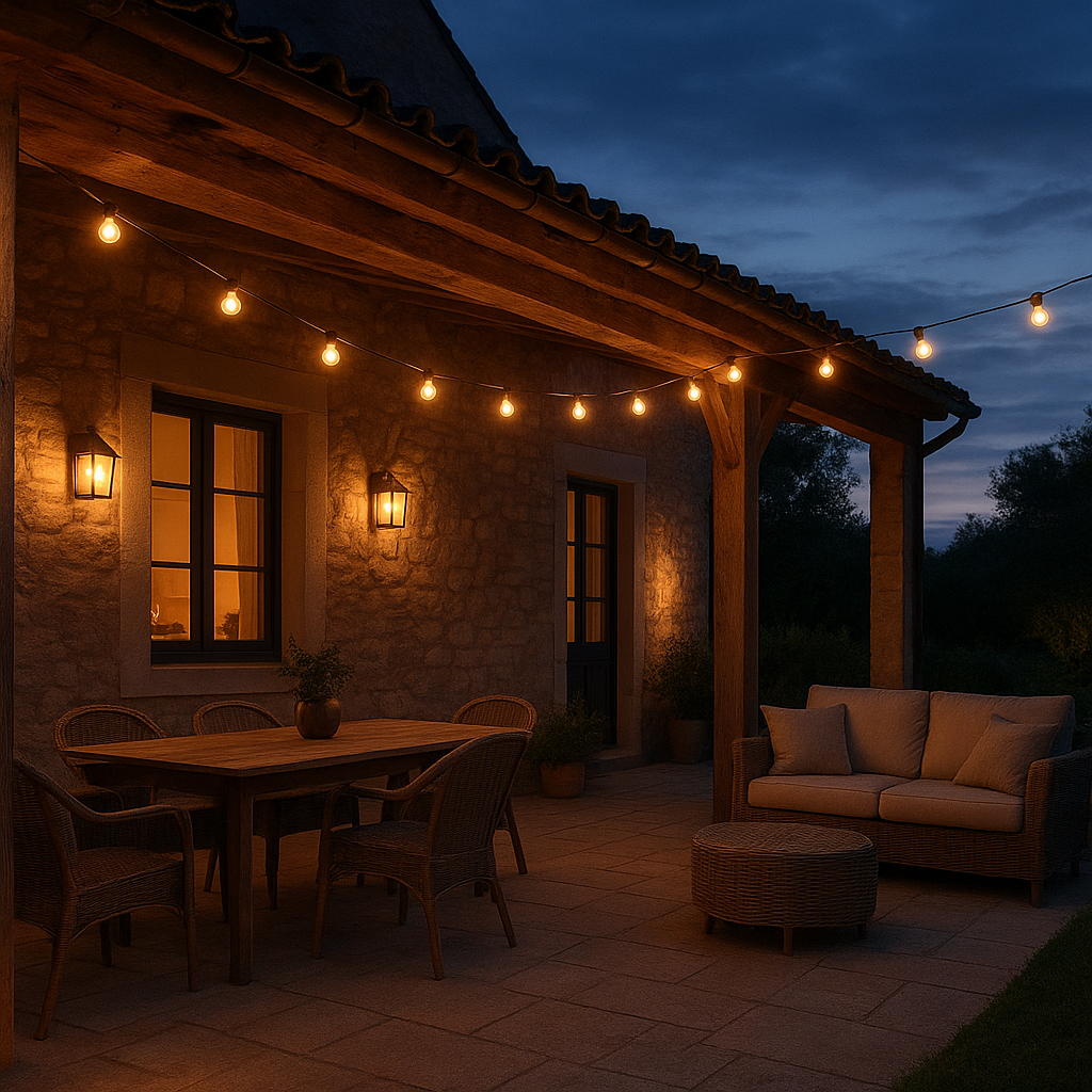 Créer une terrasse de maison de campagne agréable toute l’année 3 Éclairage chaleureux pour terrasse de maison de campagne