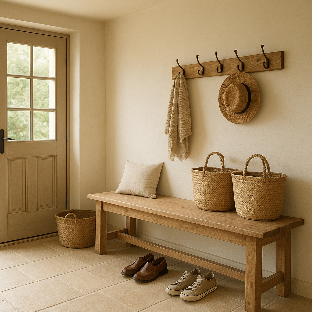 Aménager l’entrée d’une maison de campagne : idées pratiques et décoratives 2 Entrée de maison de campagne avec banc et rangements pratiques