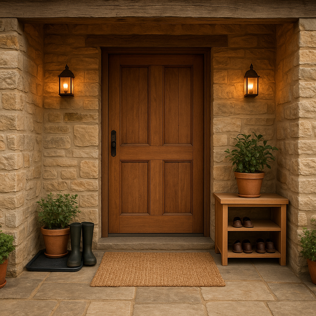Aménager l’entrée d’une maison de campagne : idées pratiques et décoratives 3 Entrée de maison de campagne avec tapis robuste et ambiance chaleureuse