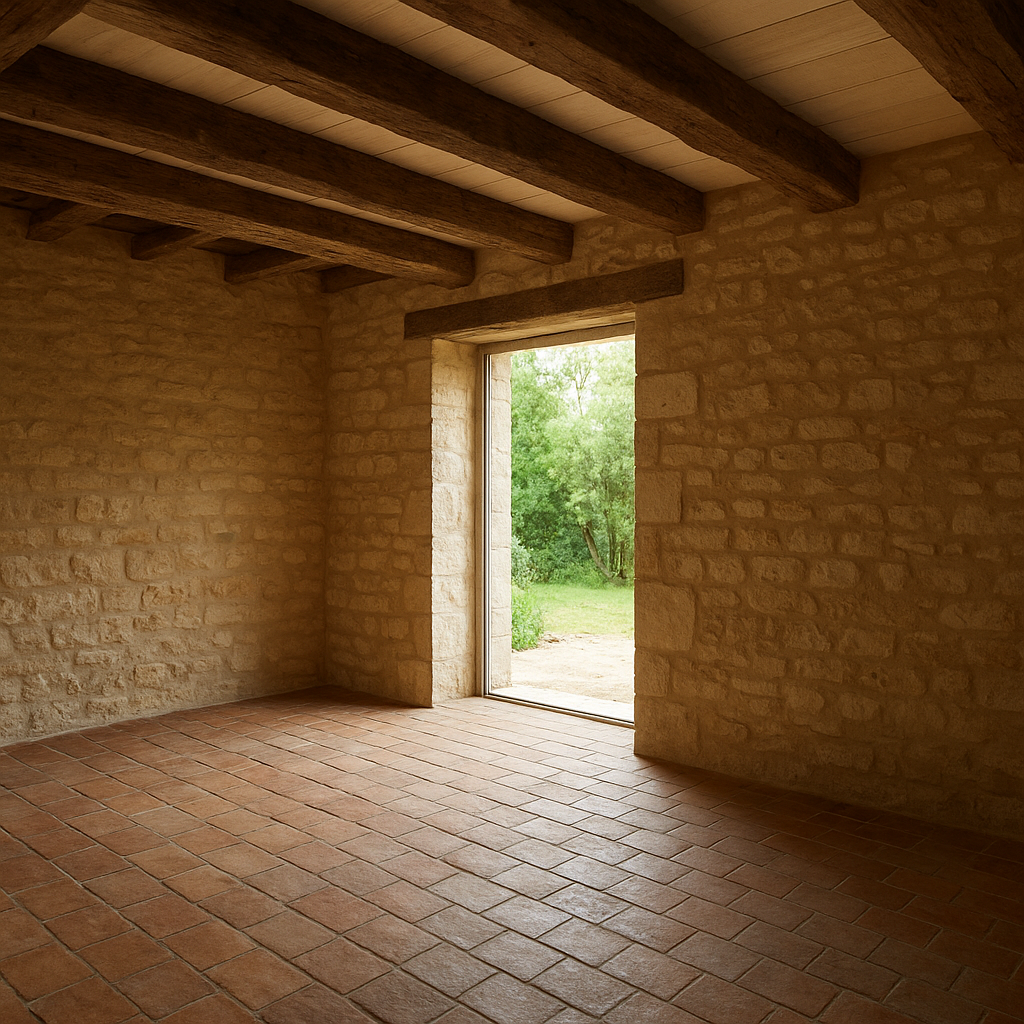 Comment rénover un bâtiment du patrimoine rural sans le dénaturer ? 3 Intérieur rénové d’un bâtiment du patrimoine rural avec matériaux compatibles