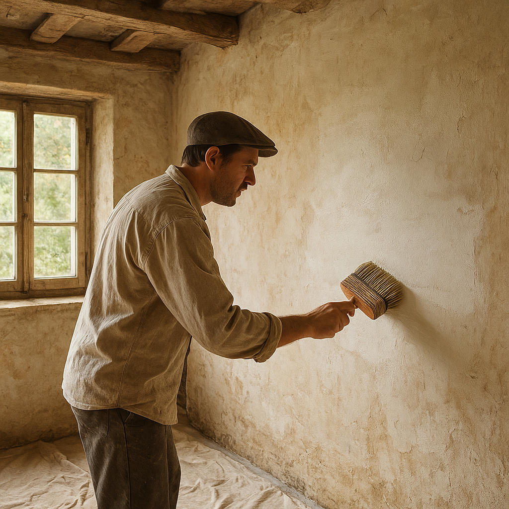Peindre un mur à la chaux avec une brosse large dans une maison ancienne