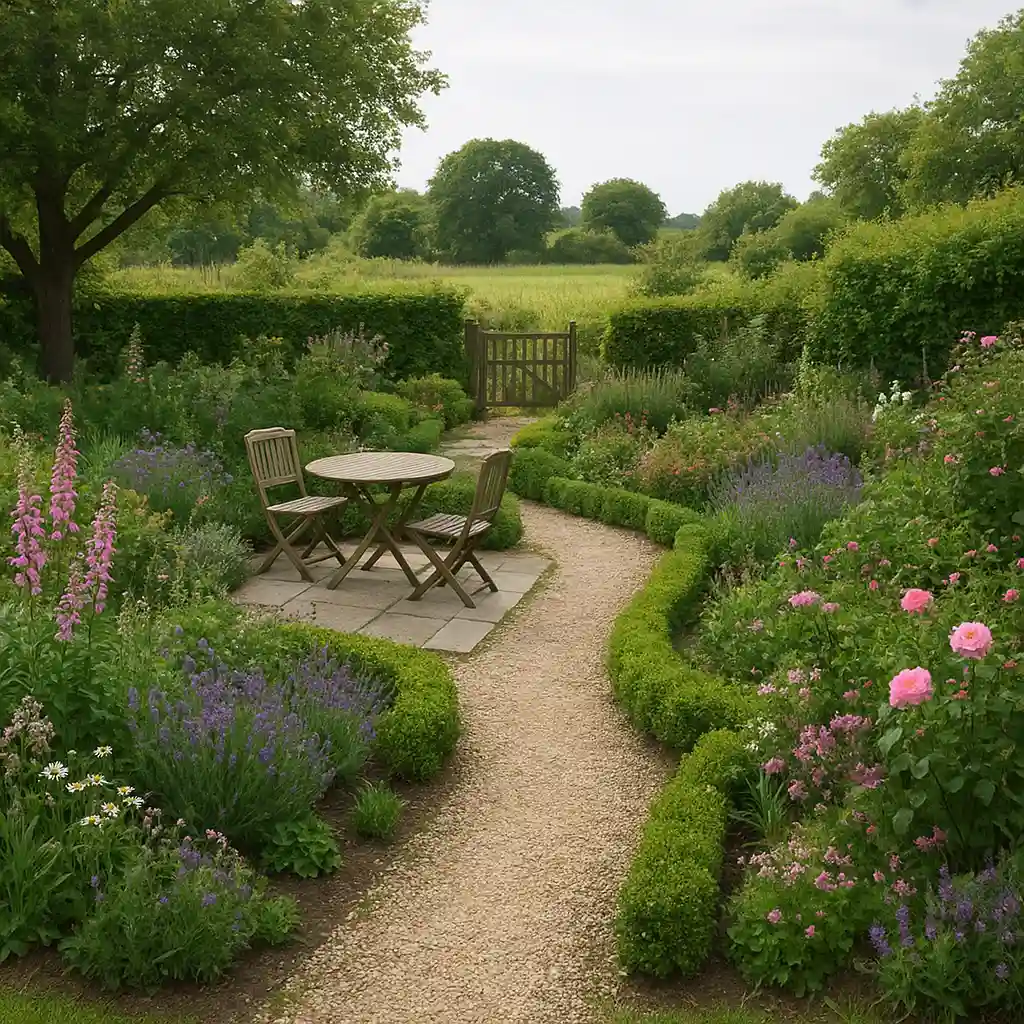 Petit jardin à la campagne avec zones bien définies et circulation fluide