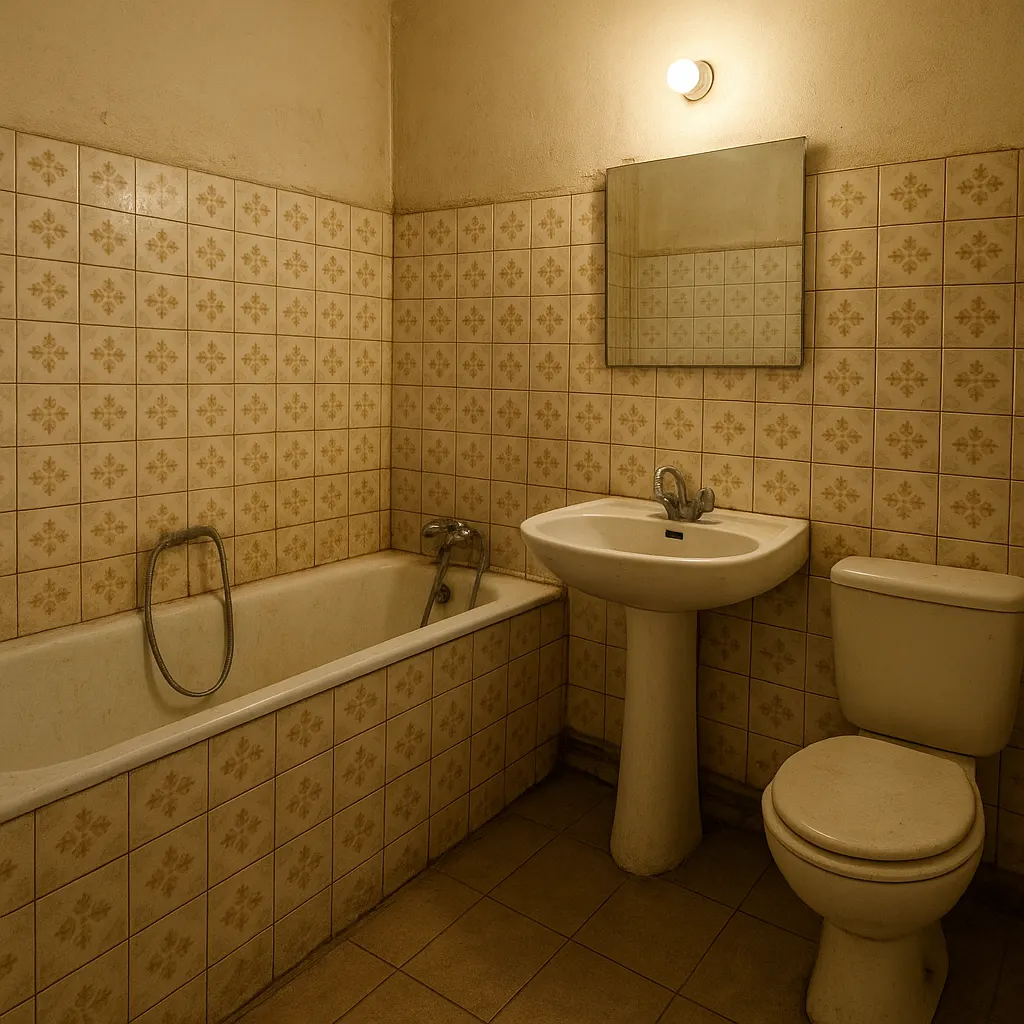 Salle de bain ancienne à rénover avec revêtements usés et installation vieillissante