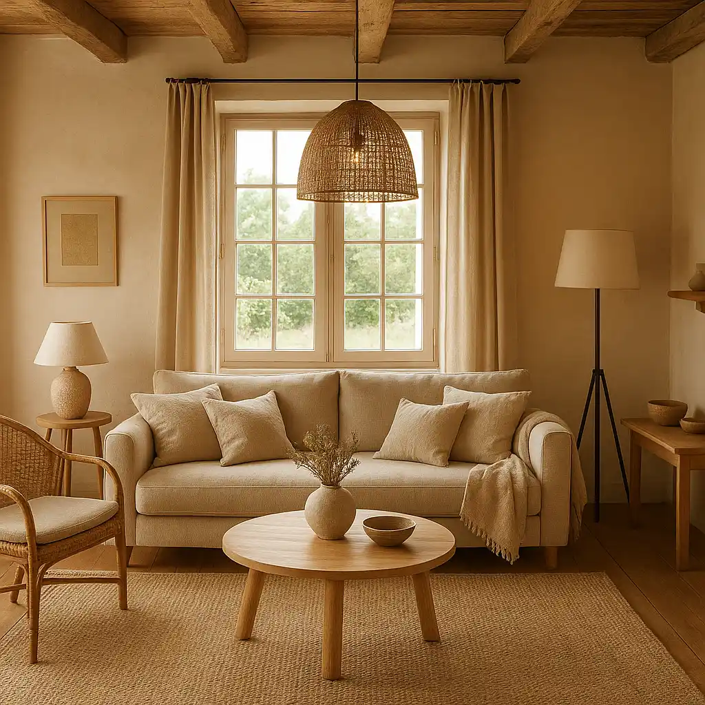 Salon de gîte avec luminaires et textiles qui créent une ambiance chaleureuse
