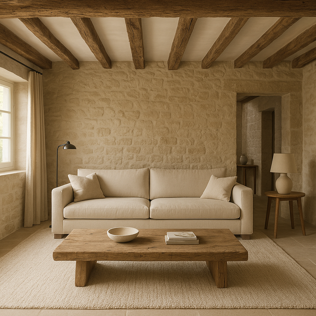Salon rustique chic moderne avec matières naturelles et mobilier équilibré