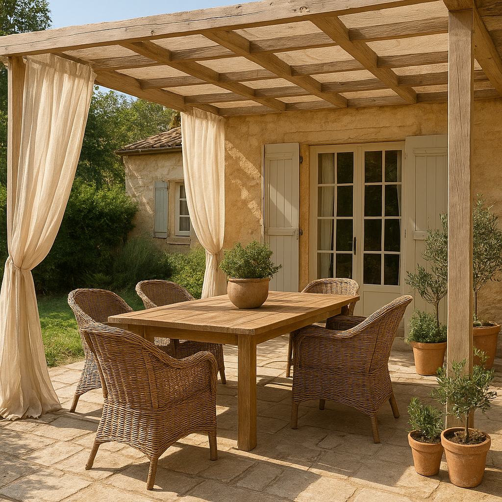 Créer une terrasse de maison de campagne agréable toute l’année 2 Terrasse de maison de campagne avec pergola et mobilier en bois