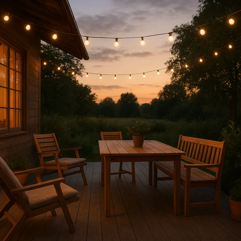 Terrasse de maison de campagne éclairée par une guirlande LED chaleureuse