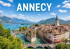 Vue d’un salon contemporain avec fenêtres ouvertes sur les Alpes enneigées. ANNECY