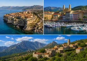 Vue sur un quartier corse typique avec maisons en pierre et mer à l'horizon.