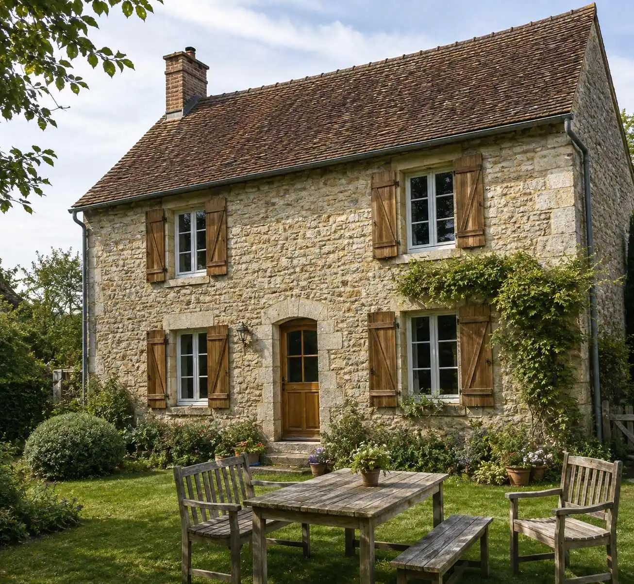 Maison en pierre entourée d’un jardin verdoyant dans un environnement de campagne