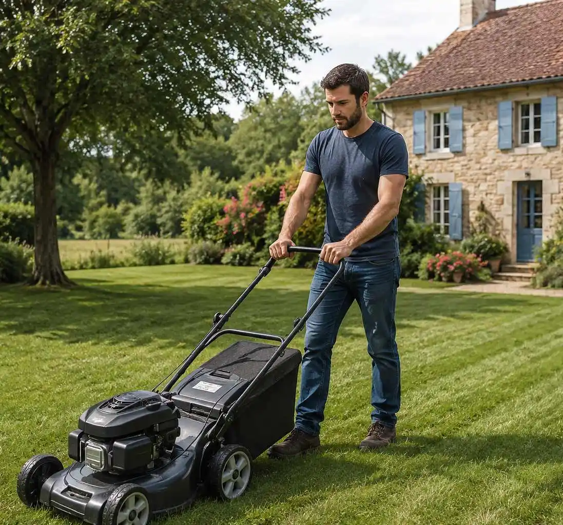 Tonte d’une pelouse pour assurer l’entretien régulier d’un jardin autour de la maison