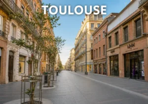 vue d'une rue urbaine avec des immeubles et panneaux immobiliers visibles