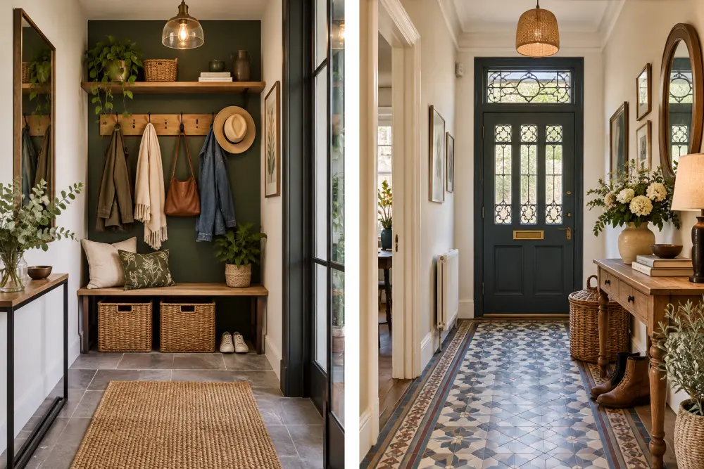 mur clair avec patères en bois et crochets alignés autour d'un porte-manteau