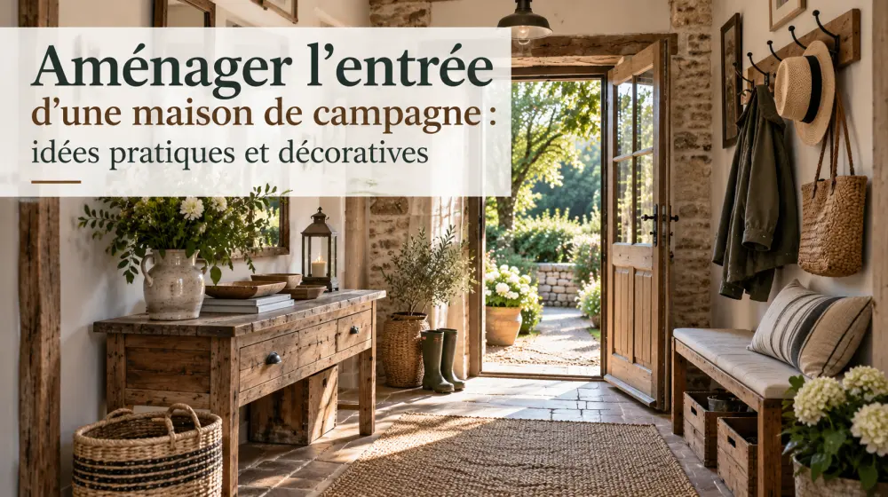Porte d'entrée en bois dans une maison de campagne entourée d'un petit chemin.