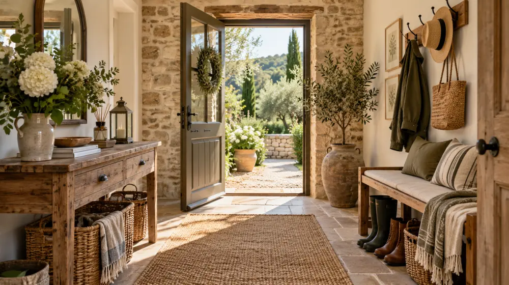 porte d'entree en bois, marches en pierre, pots de plantes devant une façade de maison de campagne