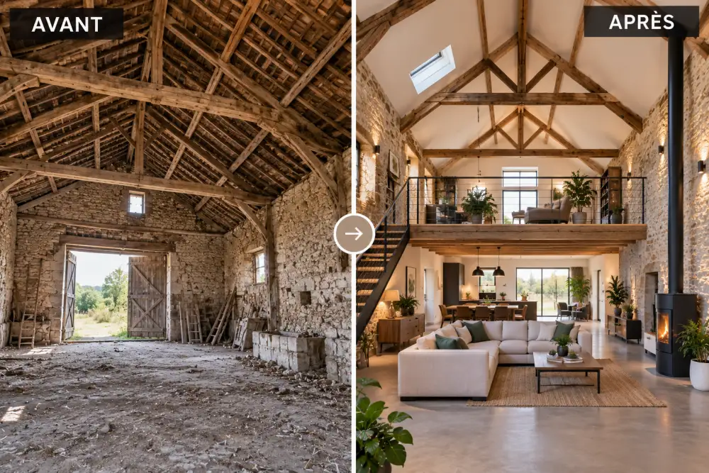 ébauche de l'intérieur d'une grange avec charpente apparente et outils de rénovation