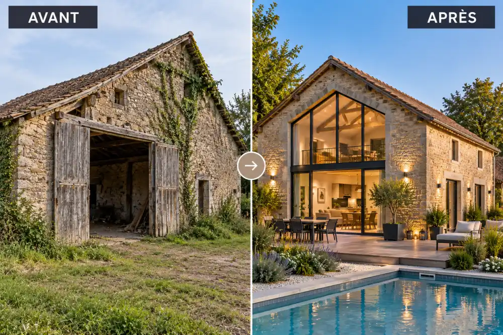 grange en renovation avec charpente en bois et outils visibles sur le sol