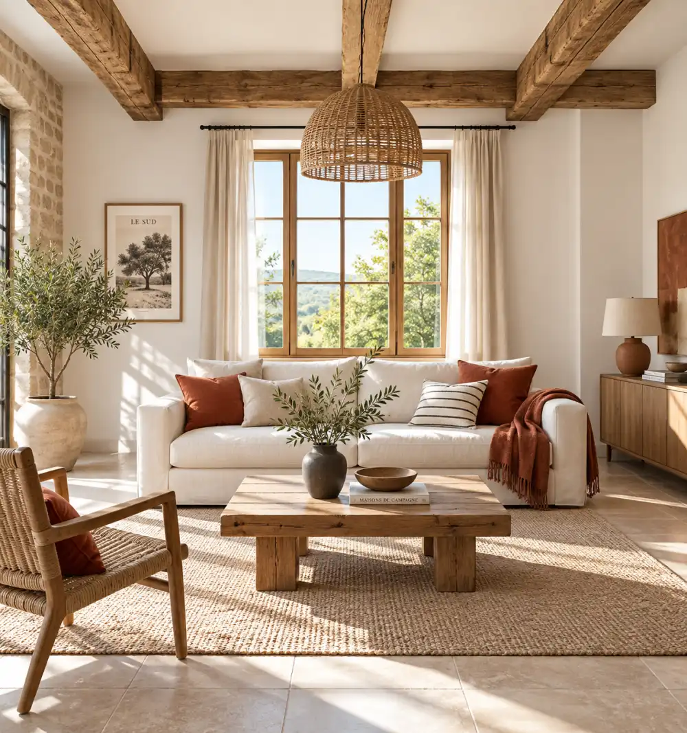 Coin salon d'un gîte cosy avec canapé, plantes et éclairage chaleureux.