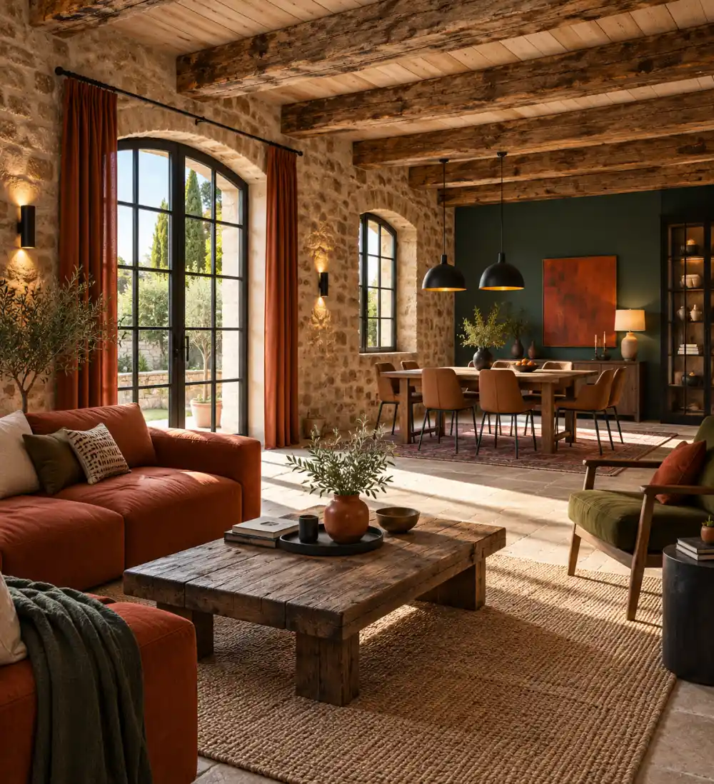 sejour lumineux dans une longere avec mobilier contemporain et murs en pierre