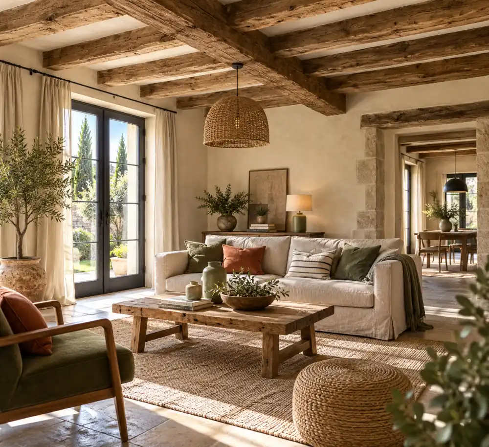 interieur lumineux d'une longere avec meubles contemporains et poutres en bois