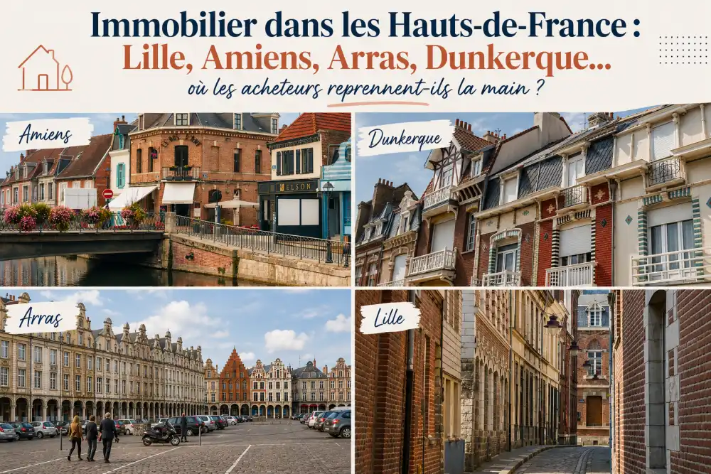 Rue bordée de maisons en briques rouges, trottoir et arbres devant façades. Villes dans les Hauts-de-France