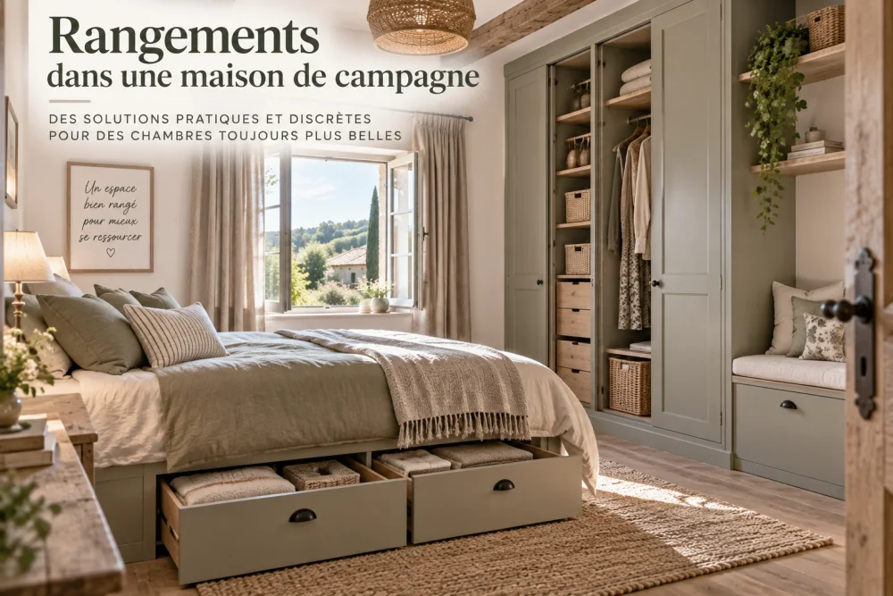 Coin de rangement discret avec étagères en bois et paniers dans une pièce campagnarde.