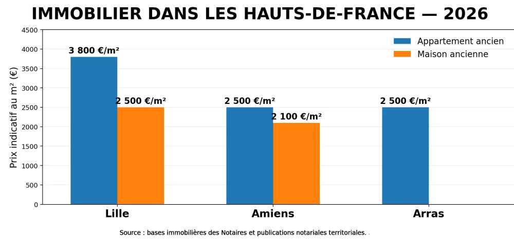 Immobilier dans les Hauts-de-France : Lille, Amiens, Arras, Dunkerque… où les acheteurs reprennent-ils la main ? 6 une rue résidentielle avec maisons et immeubles alignés sous un ciel clair