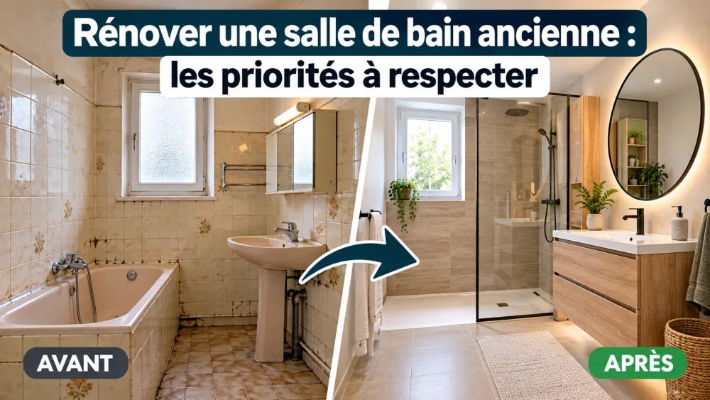 Vue divisée en deux: gauche ancienne salle de bain avec baignoire, carrelage floral et lavabo; droite moderne douche vitrée et meuble lavabo en bois.