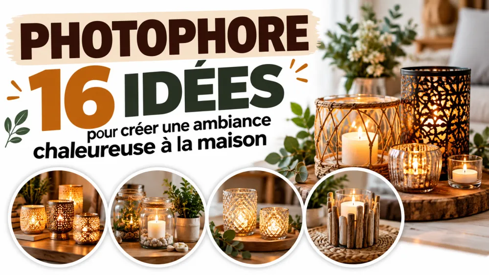 affiche avec le texte photophore 16 idees, bougies dans des lanternes en osier et metal sur une table en bois, entourées de plantes vertes