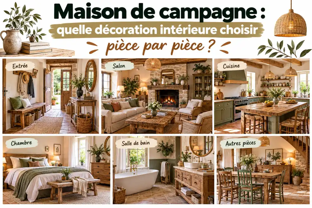 Collage présentant six espaces d'une maison de campagne: entrée, salon avec cheminée, cuisine, chambre et salle de bains, ambiance rustique