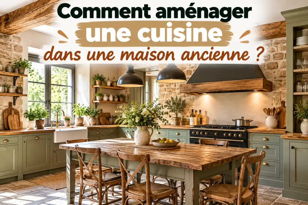 Texte en haut de l’image, question sur l’aménagement, dans une cuisine rustique en pierre.