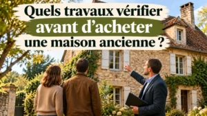 trois personnes devant une maison ancienne en pierre avec volets blancs, une grande inscription blanche couvre partiellement la façade