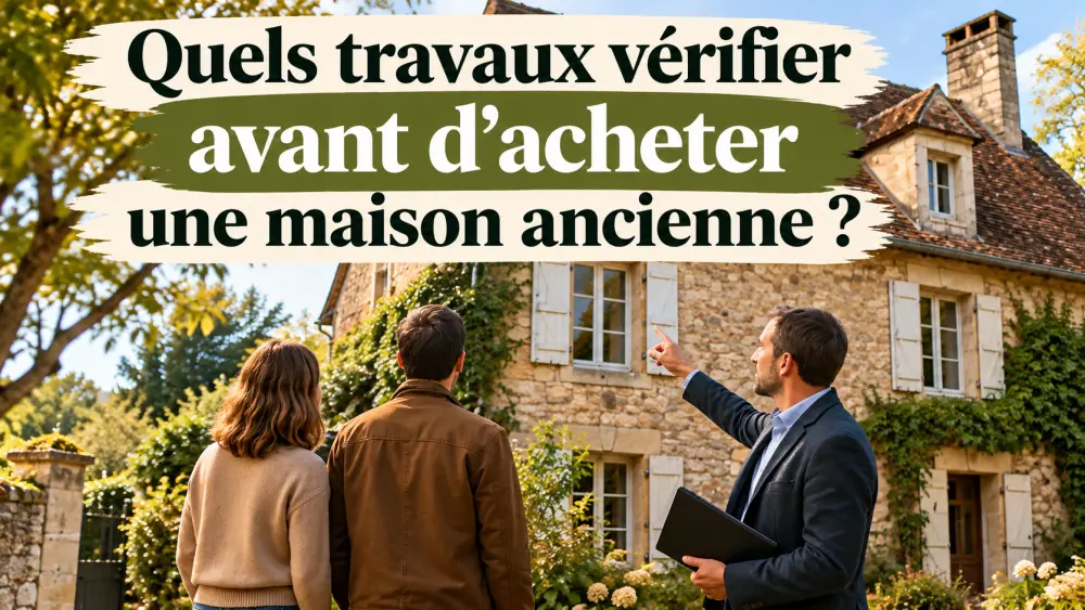trois personnes devant une maison ancienne en pierre avec volets blancs, une grande inscription blanche couvre partiellement la façade