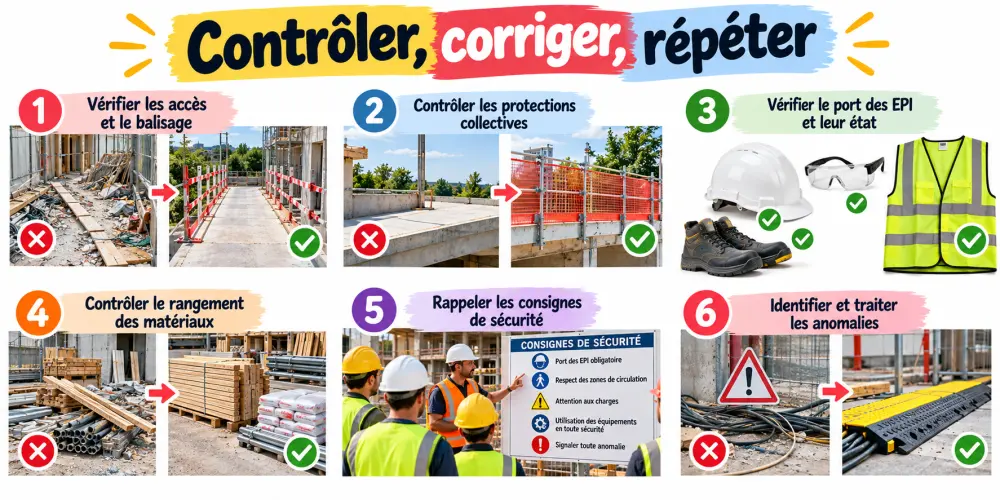 Infographie colorée montrant des scènes de chantier avec débris, barrières et matériel de protection; texte en haut: 'Contrôler, corriger, répéter'.