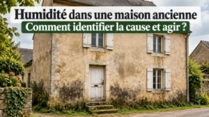 Maison ancienne à façade beige avec fenêtres à volets blancs et porte centrale; traces sombres au bas du mur et texte superposé en haut.