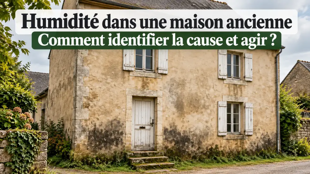 Maison ancienne à façade beige avec fenêtres à volets blancs et porte centrale; traces sombres au bas du mur et texte superposé en haut.