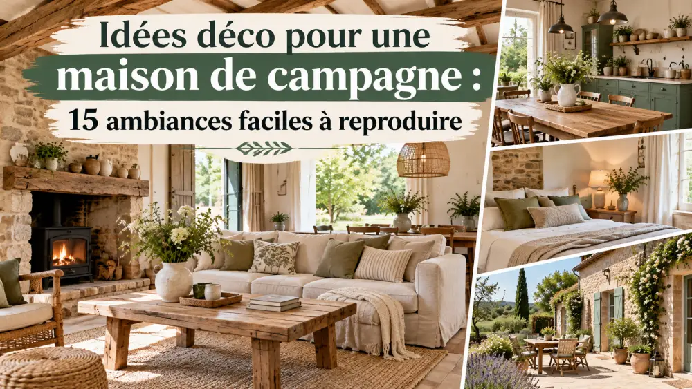 Salon lumineux avec canapé beige et coussins verts, table en bois massif et cheminée en pierre