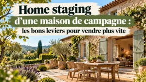 Maison en pierre avec volets verts et terrasse en pierre, table et chaises en osier, plantes en pots, surimpression blanche et verte en haut.