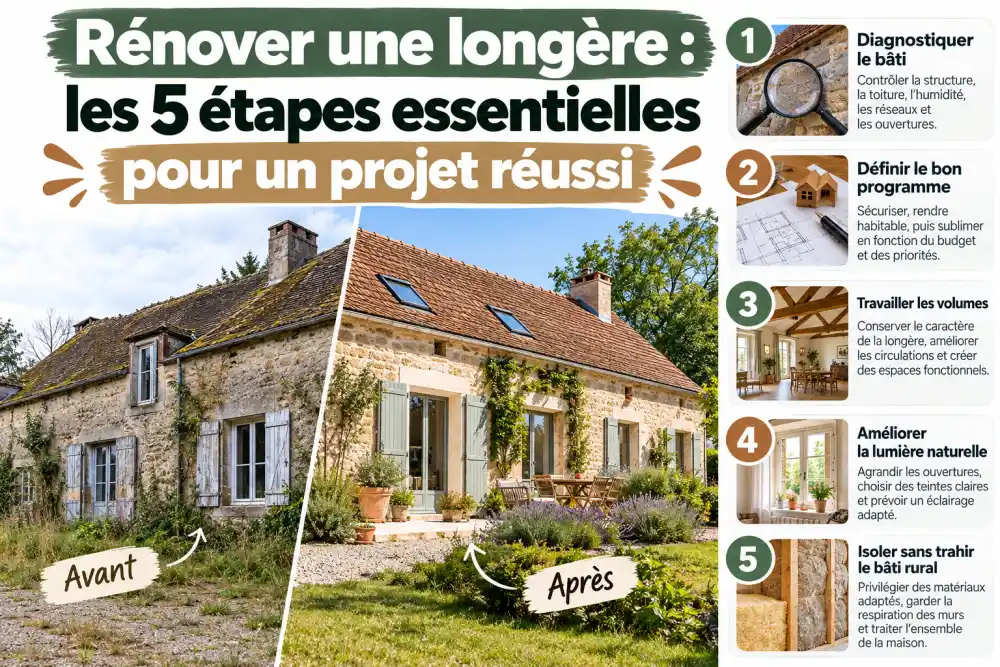 collage montrant une longere en pierre avec toit en tuiles, cote gauche avant avec terrain et vegetation, cote droit apres avec terrasse et jardin fleuri