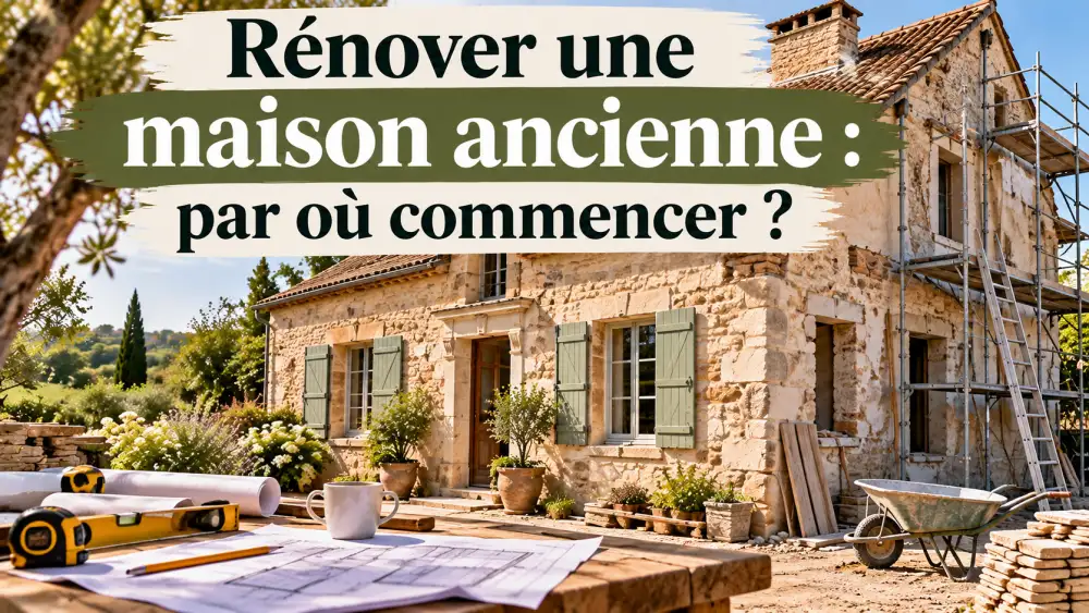Maison en pierre en rénovation avec échafaudage; en haut, texte lisible 'Rénover une maison ancienne : par où commencer ?'