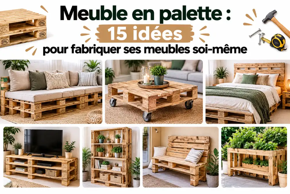 collage montrant differents meubles fabriques avec des palettes: canape modulable, table basse sur roulettes, lit et rangement. Ambiance chaleureuse avec plantes.