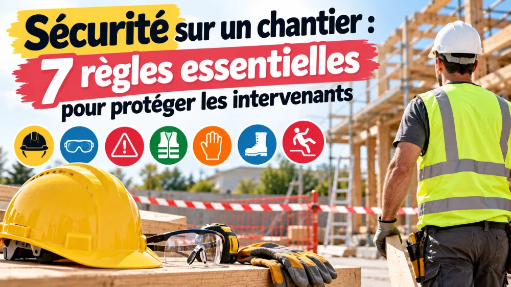 Vue arrière d’un ouvrier portant un gilet jaune et un casque blanc, debout près d’un cadre en bois sur chantier éclairé par le soleil.