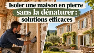 grande bannière blanche et verte porte le texte lisible 'Isoler une maison en pierre sans la dénaturer : solutions efficaces'